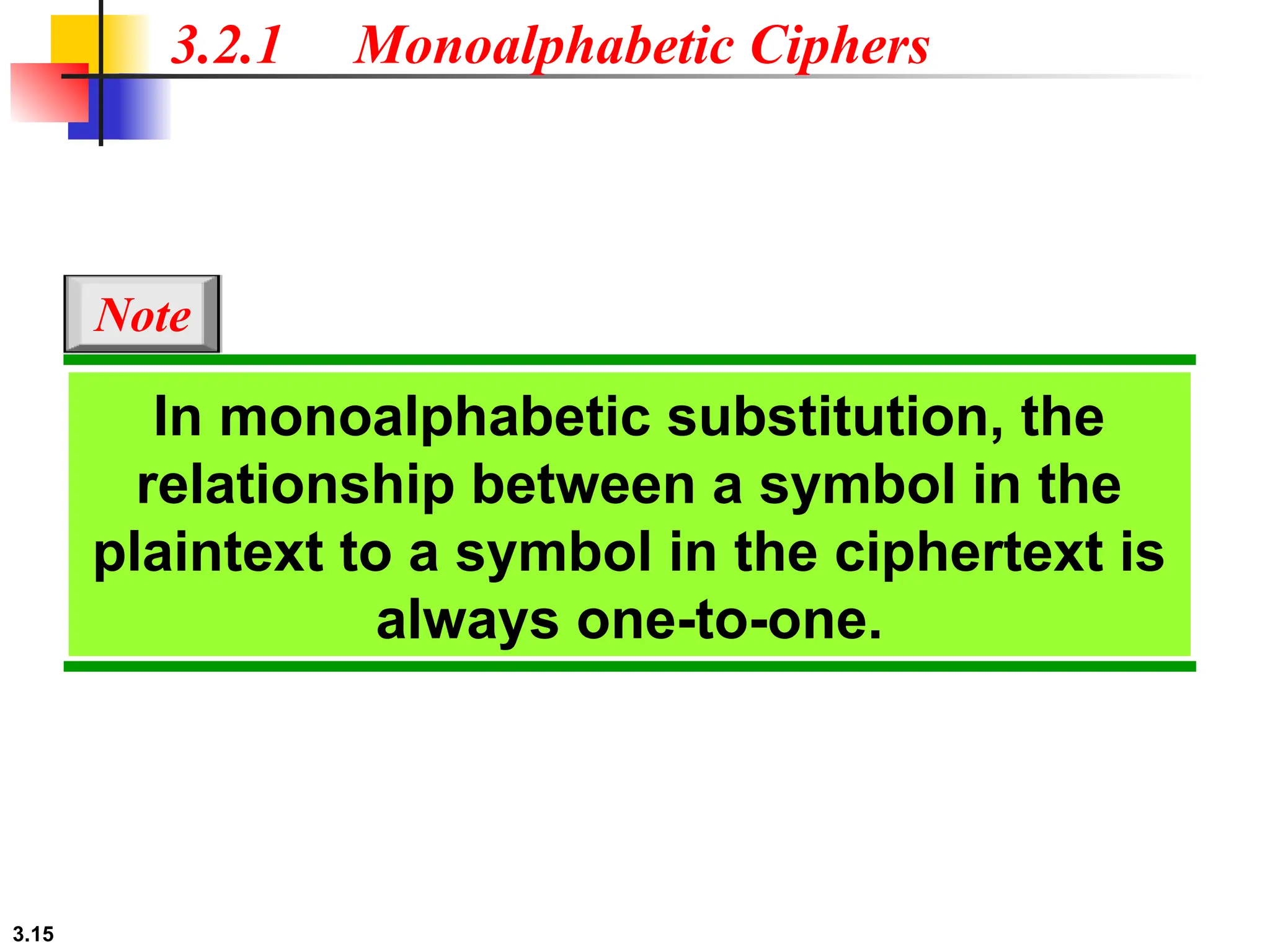 3.15
3.2.1 Monoalphabetic Ciphers
In monoalphabetic substitution, the
relationship between a symbol in the
plaintext to a symbol in the ciphertext is
always one-to-one.
Note
 