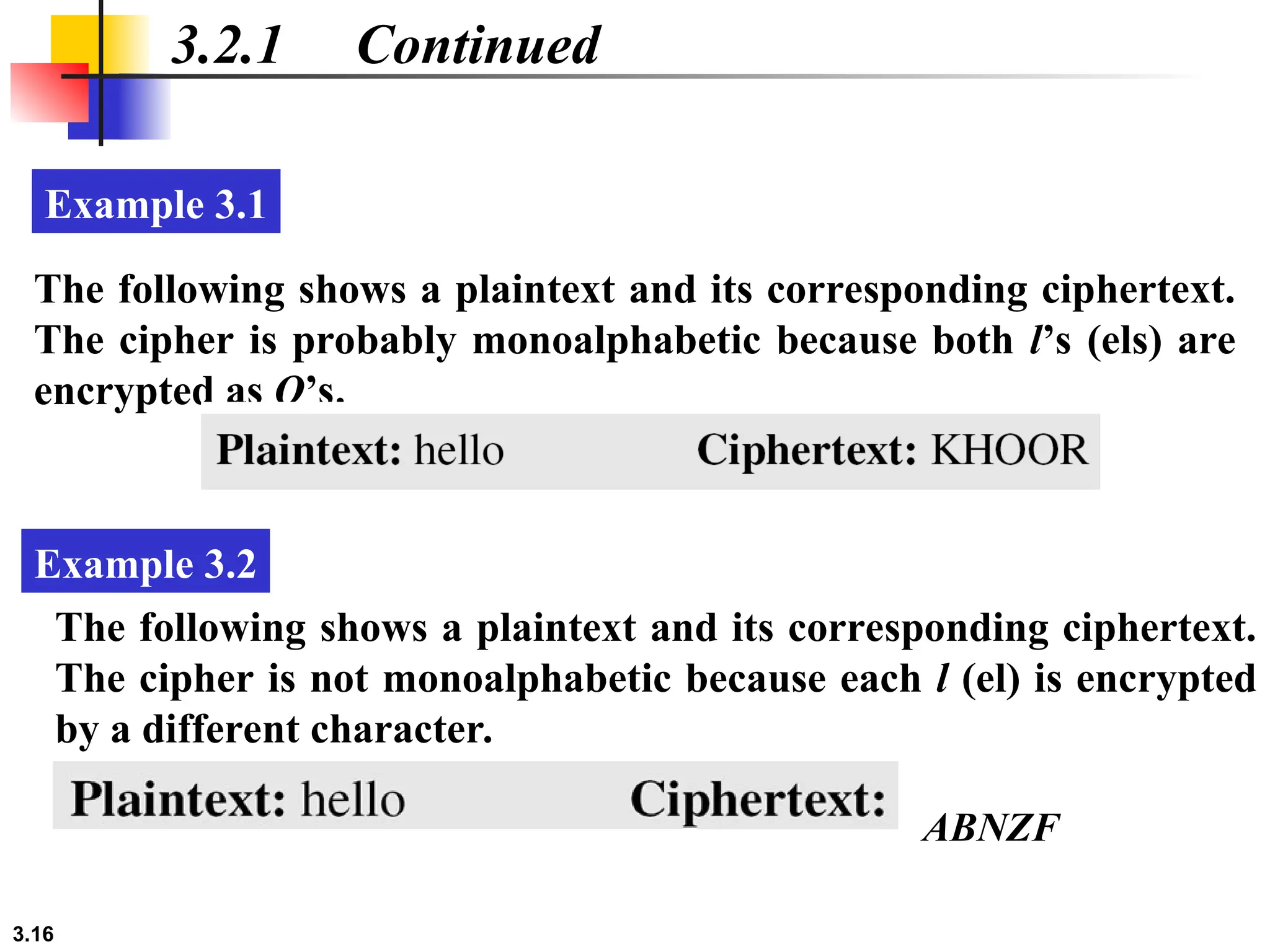3.16
3.2.1 Continued
The following shows a plaintext and its corresponding ciphertext.
The cipher is probably monoalphabetic because both l’s (els) are
encrypted as O’s.
Example 3.1
The following shows a plaintext and its corresponding ciphertext.
The cipher is not monoalphabetic because each l (el) is encrypted
by a different character.
Example 3.2
ABNZF
 