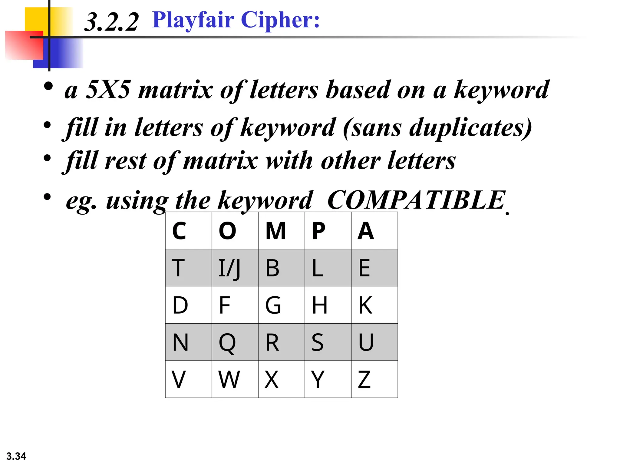 3.34
3.2.2 Playfair Cipher:
• a 5X5 matrix of letters based on a keyword
• fill in letters of keyword (sans duplicates)
• fill rest of matrix with other letters
• eg. using the keyword COMPATIBLE.
C O M P A
T I/J B L E
D F G H K
N Q R S U
V W X Y Z
 