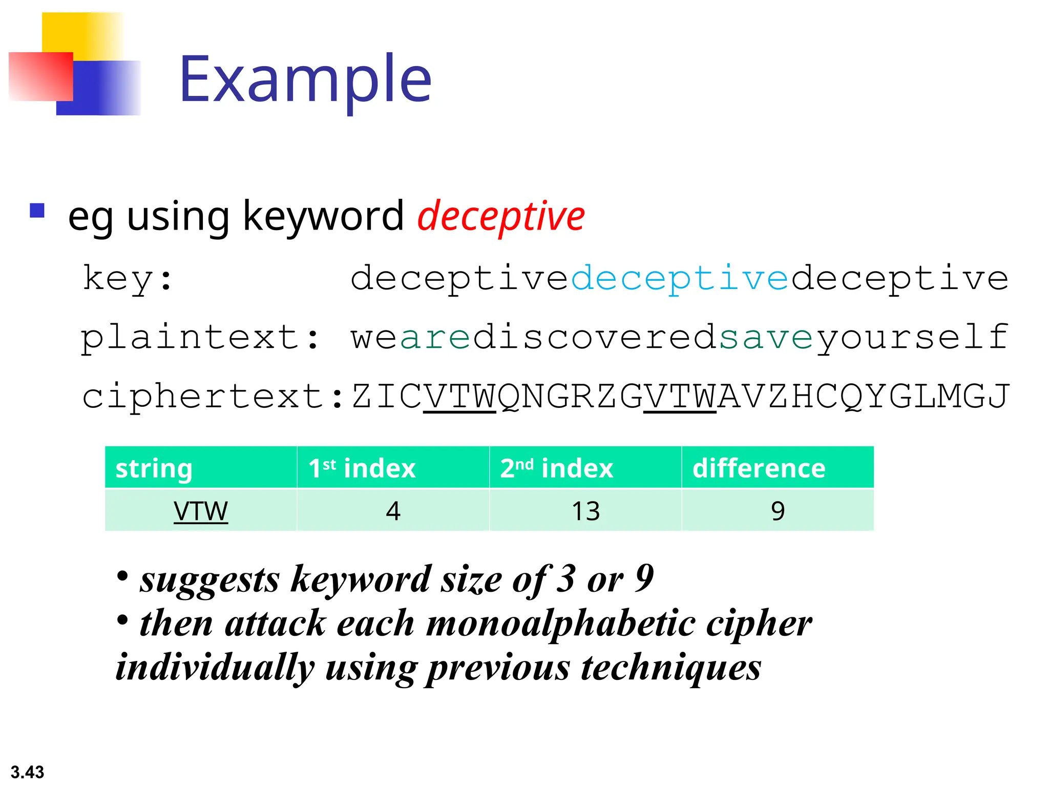3.43
Example
 eg using keyword deceptive
key: deceptivedeceptivedeceptive
plaintext: wearediscoveredsaveyourself
ciphertext:ZICVTWQNGRZGVTWAVZHCQYGLMGJ
string 1st
index 2nd
index difference
VTW 4 13 9
• suggests keyword size of 3 or 9
• then attack each monoalphabetic cipher
individually using previous techniques
 