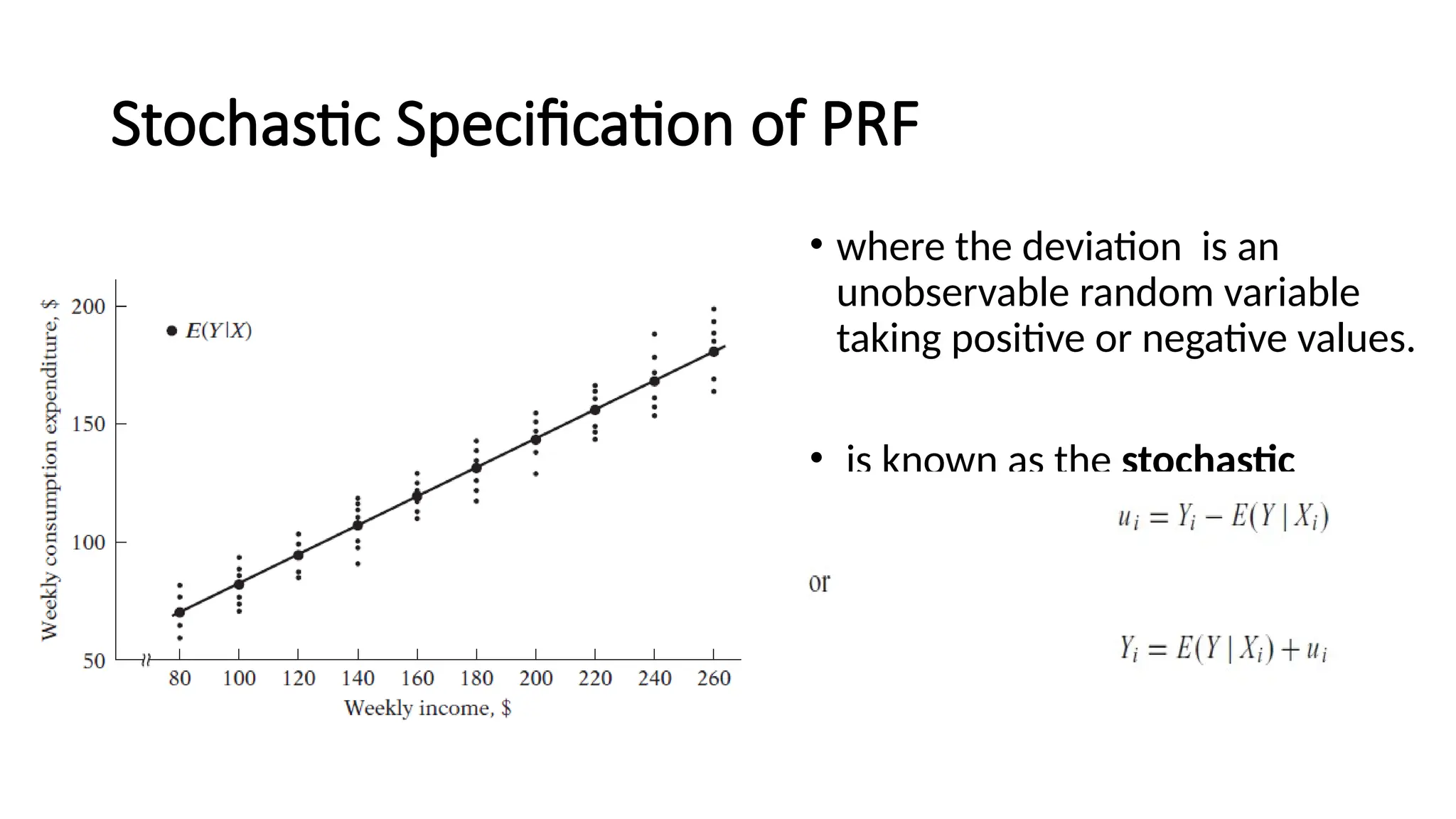 • where the deviation is an
unobservable random variable
taking positive or negative values.
• is known as the stochastic
disturbance or stochastic error
term.
Stochastic Specification of PRF
 