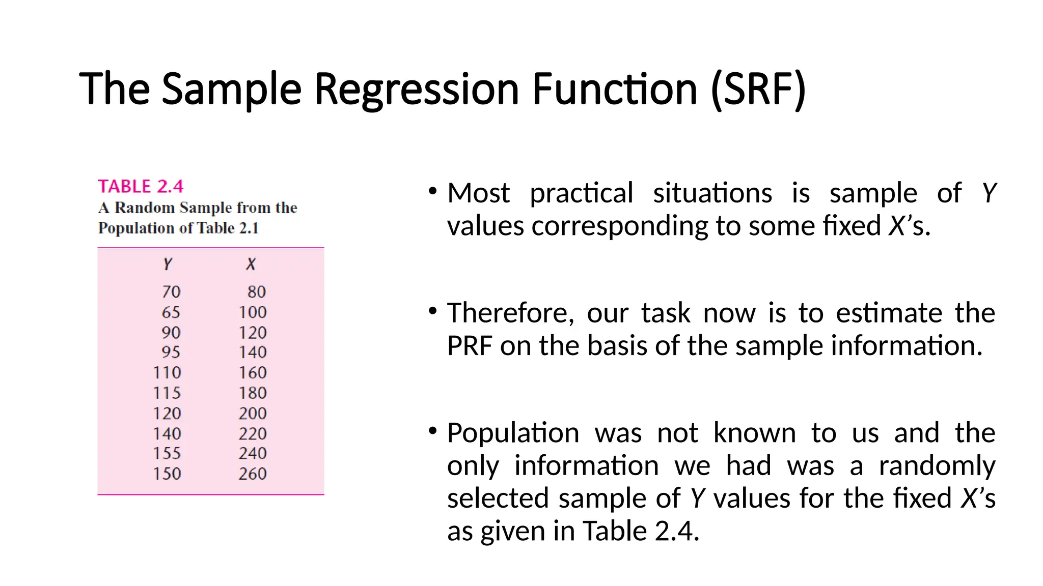 The Sample Regression Function (SRF)
• Most practical situations is sample of Y
values corresponding to some fixed X’s.
• Therefore, our task now is to estimate the
PRF on the basis of the sample information.
• Population was not known to us and the
only information we had was a randomly
selected sample of Y values for the fixed X’s
as given in Table 2.4.
 