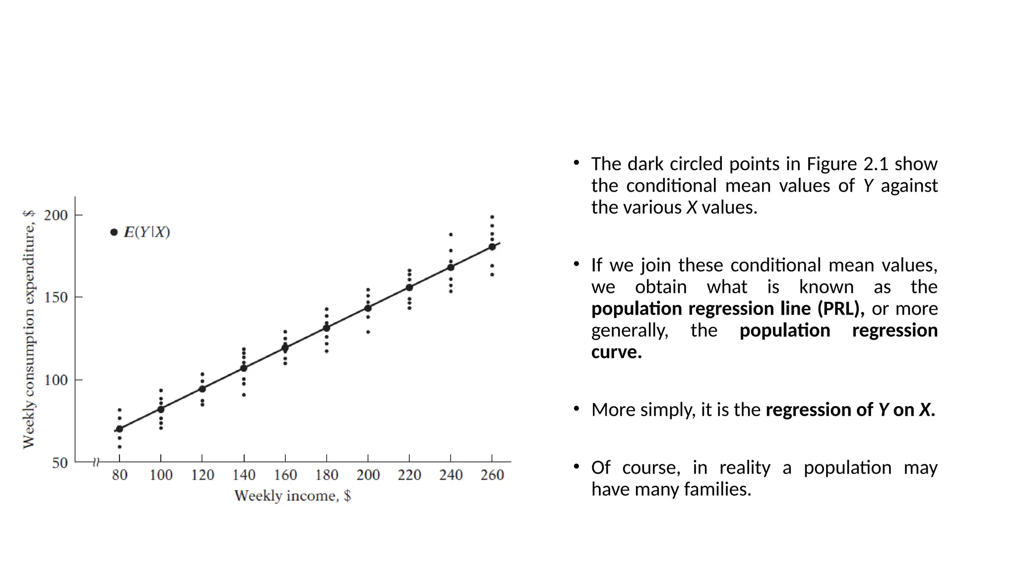 • The dark circled points in Figure 2.1 show
the conditional mean values of Y against
the various X values.
• If we join these conditional mean values,
we obtain what is known as the
population regression line (PRL), or more
generally, the population regression
curve.
• More simply, it is the regression of Y on X.
• Of course, in reality a population may
have many families.
 