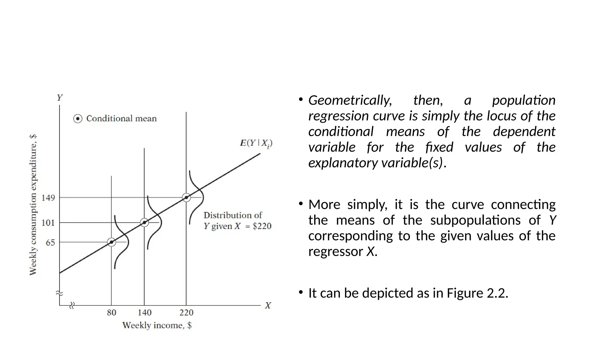 • Geometrically, then, a population
regression curve is simply the locus of the
conditional means of the dependent
variable for the fixed values of the
explanatory variable(s).
• More simply, it is the curve connecting
the means of the subpopulations of Y
corresponding to the given values of the
regressor X.
• It can be depicted as in Figure 2.2.
 