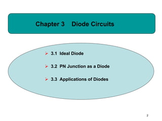 2
Chapter 3 Diode Circuits
 3.1 Ideal Diode
 3.2 PN Junction as a Diode
 3.3 Applications of Diodes
 