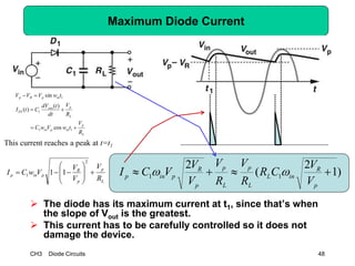CH3 Diode Circuits 48
Maximum Diode Current
 The diode has its maximum current at t1, since that’s when
the slope of Vout is the greatest.
 This current has to be carefully controlled so it does not
damage the device.
)1
2
(
2
11 
p
R
inL
L
p
L
p
p
R
pinp
V
V
CR
R
V
R
V
V
V
VCI 
L
p
inpin
L
pout
D
inpRp
R
V
twVwC
R
V
dt
tdV
CtI
twVVV



11
11
1
cos
)(
)(
sin
This current reaches a peak at t=t1
L
p
p
R
pinp
R
V
V
V
VwCI 









2
1 11
 