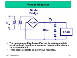 CH3 Diode Circuits 56
Voltage Regulator
 The ripple created by the rectifier can be unacceptable to
sensitive load; therefore, a regulator is required to obtain a
very stable output.
 Three diodes operate as a primitive regulator.
 