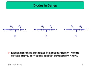 CH3 Diode Circuits 7
Diodes in Series
 Diodes cannot be connected in series randomly. For the
circuits above, only a) can conduct current from A to C.
 