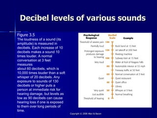 Decibel levels of various sounds
Figure 3.5
The loudness of a sound (its
amplitude) is measured in
decibels. Each increase of 10
decibels makes a sound 10
times louder. A normal
conversation at 3 feet
measures
about 60 decibels, which is
10,000 times louder than a soft
whisper of 20 decibels. Any
exposure to sounds of 130
decibels or higher puts a
person at immediate risk for
hearing damage, but levels as
low as 90 decibels can cause
hearing loss if one is exposed
to them over long periods of
time.
                                  Copyright © 2008 Allyn & Bacon
 