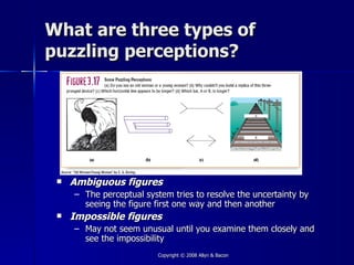 What are three types of
puzzling perceptions?




    Ambiguous figures
     – The perceptual system tries to resolve the uncertainty by
       seeing the figure first one way and then another
    Impossible figures
     – May not seem unusual until you examine them closely and
       see the impossibility
                          Copyright © 2008 Allyn & Bacon
 
