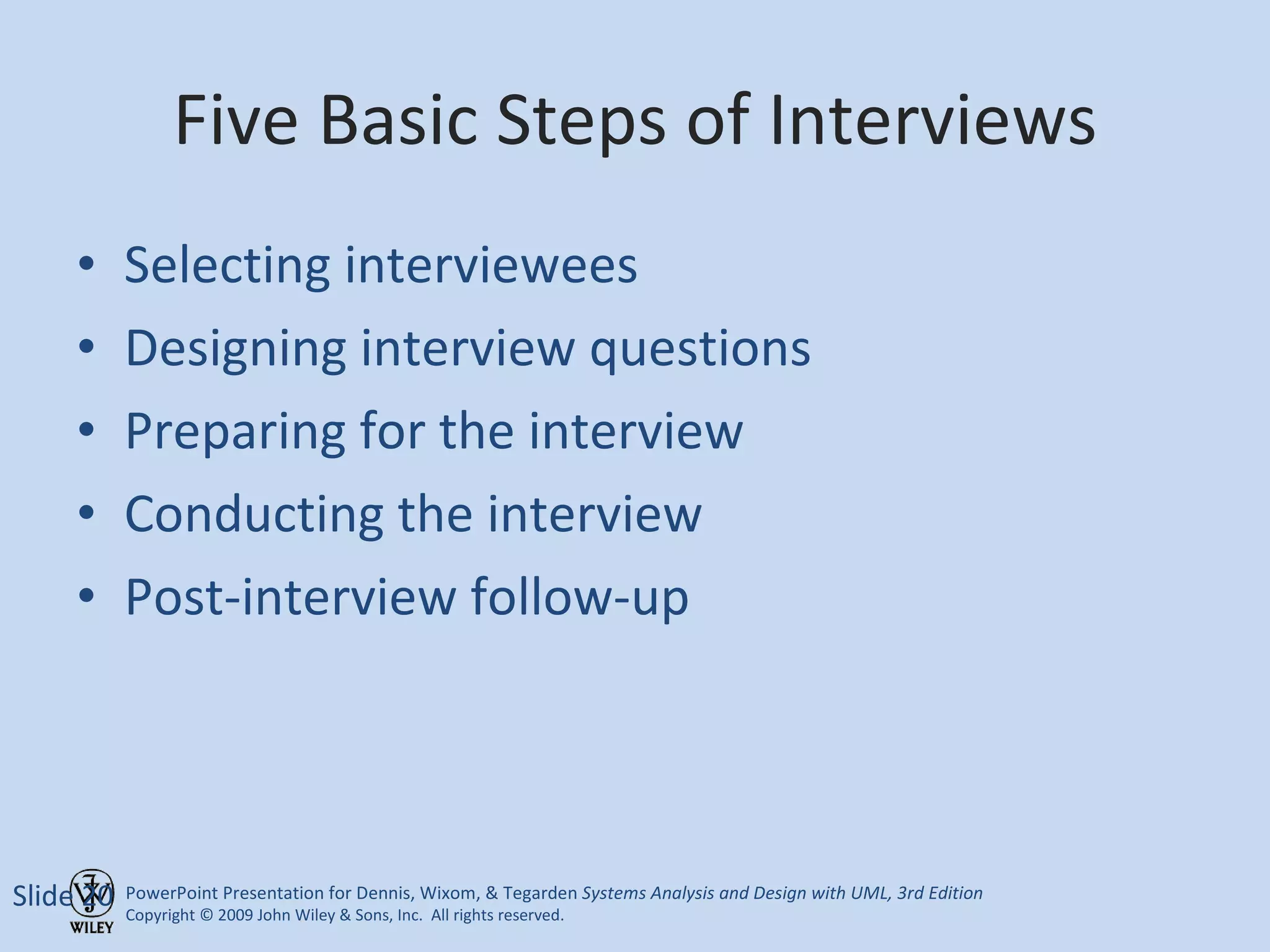 Five Basic Steps of Interviews Selecting interviewees Designing interview questions Preparing for the interview Conducting the interview Post-interview follow-up Slide  