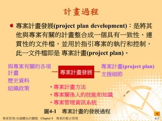 計畫過程
     專案計畫發展(project plan development)：是將其
     他與專案有關的計畫整合成一個具有一致性、連
     貫性的文件檔，並用於指引專案的執行和控制，
     此一文件檔即是 專案計畫(project plan)。

  與專案有關的各項           專案計畫(project plan)
  計畫         專案計畫發展  支援細節
  歷史資料
  組織政策    • 專案計畫方法
          • 專案關係人的技能和知識
          • 專案管理資訊系統
                  圖4-1 專案計畫的發展過程
專案管理-知識體系的觀點 Chapter 4   專案的整合管理            4-5
 