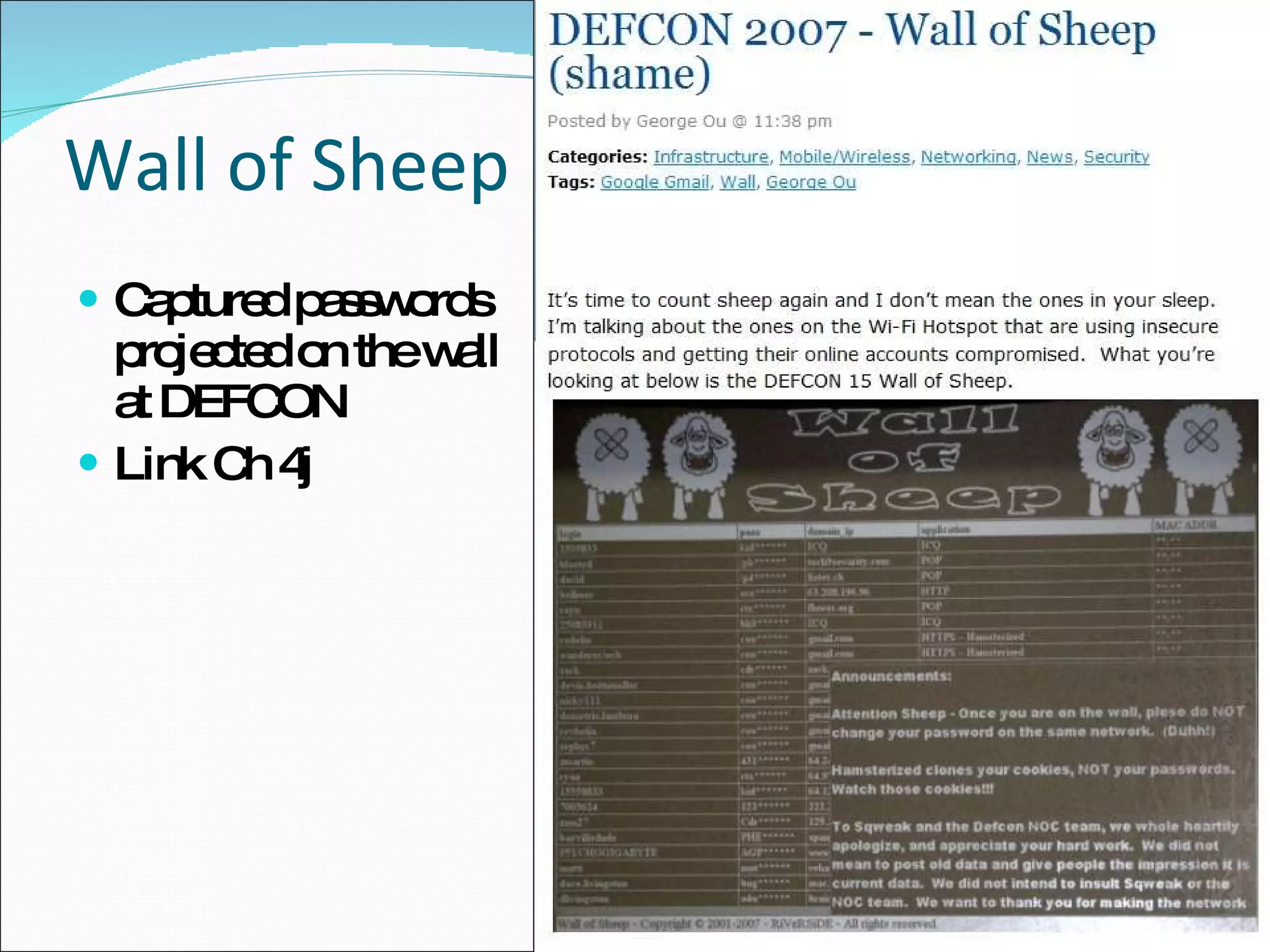 Wall of Sheep Captured passwords projected on the wall at DEFCON Link Ch 4j 