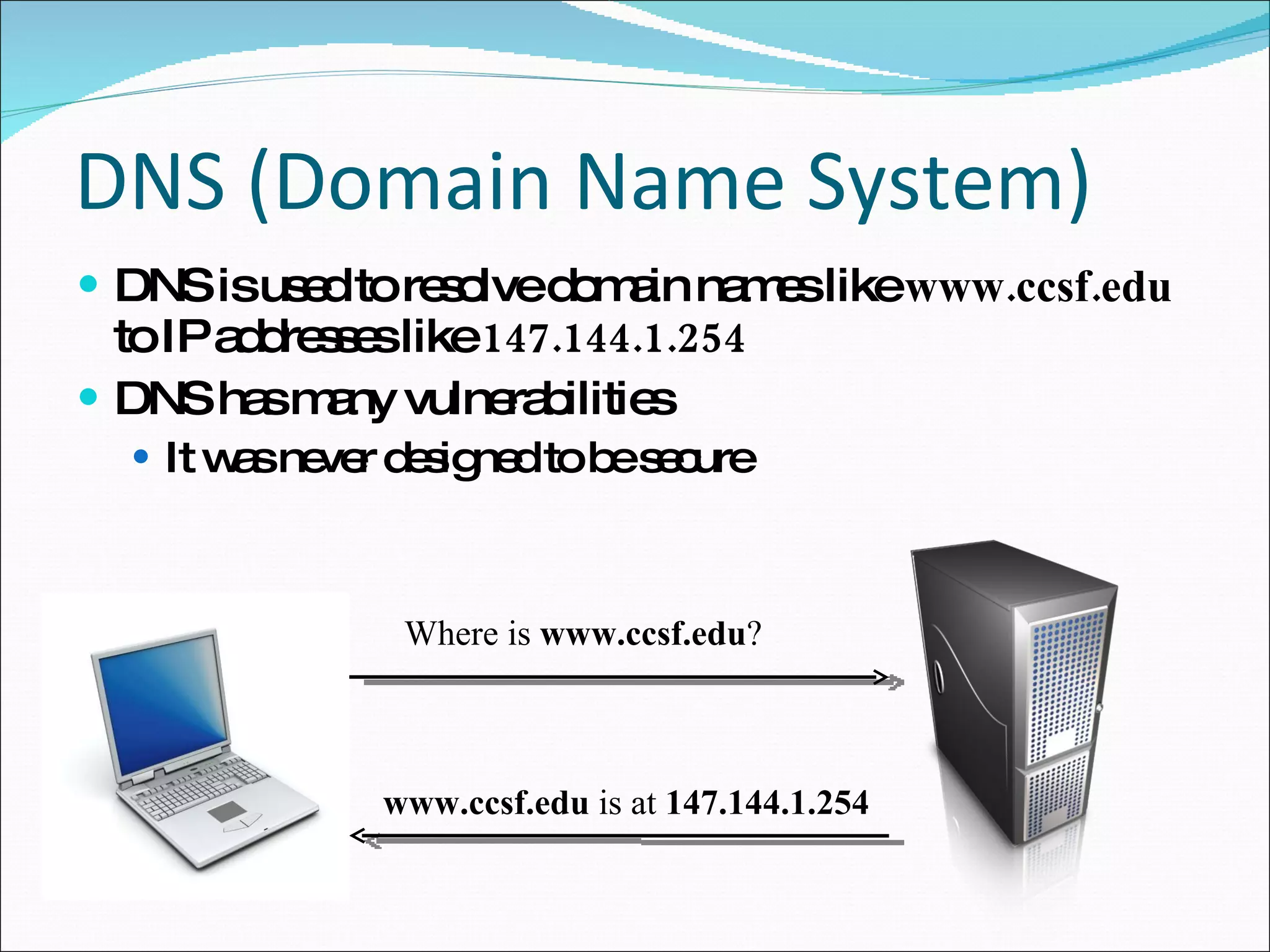 DNS (Domain Name System) DNS is used to resolve domain names like  www.ccsf.edu  to IP addresses like  147.144.1.254 DNS has many vulnerabilities It was never designed to be secure Where is  www.ccsf.edu ? www.ccsf.edu  is at  147.144.1.254 