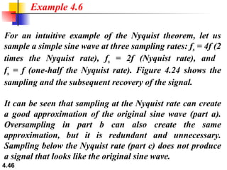 For an intuitive example of the Nyquist theorem, let us sample a simple sine wave at three sampling rates: f s  = 4f (2 times the Nyquist rate), f s  = 2f (Nyquist rate), and  f s  = f (one-half the Nyquist rate). Figure 4.24 shows the sampling and the subsequent recovery of the signal. It can be seen that sampling at the Nyquist rate can create a good approximation of the original sine wave (part a). Oversampling in part b can also create the same approximation, but it is redundant and unnecessary. Sampling below the Nyquist rate (part c) does not produce a signal that looks like the original sine wave. Example 4.6 
