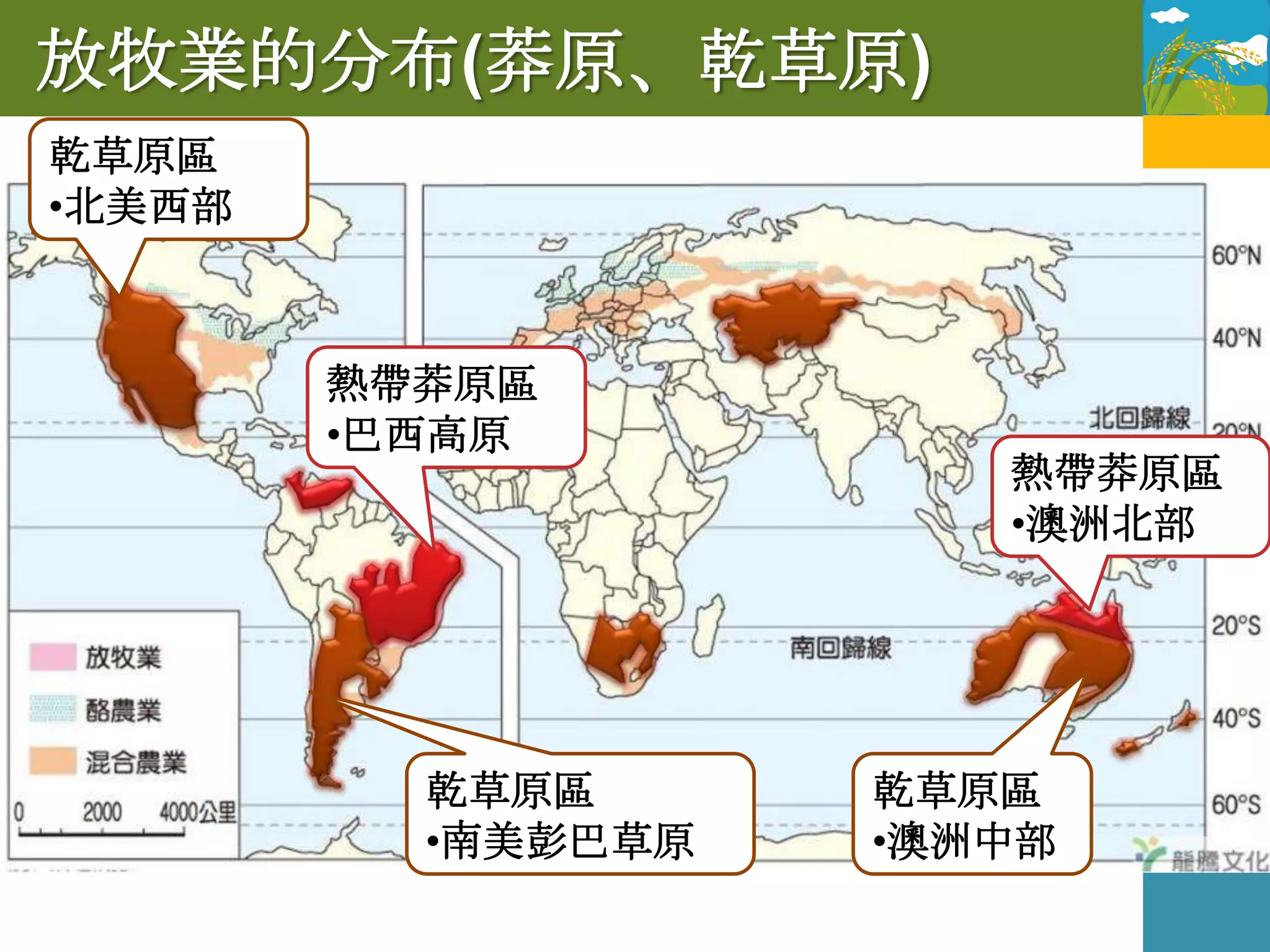 放牧業的分布(莽原、乾草原)
乾草原區
•北美西部



        熱帶莽原區
        •巴西高原
                       熱帶莽原區
                       •澳洲北部




          乾草原區      乾草原區
          •南美彭巴草原   •澳洲中部
 