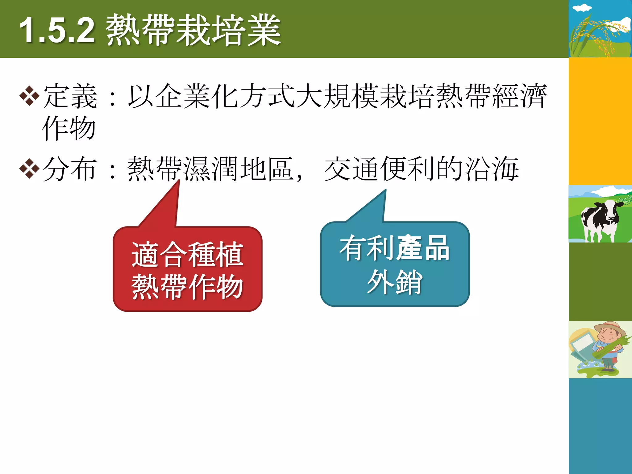 1.5.2 熱帶栽培業
定義：以企業化方式大規模栽培熱帶經濟
 作物
分布：熱帶濕潤地區，交通便利的沿海


    適合種植      有利產品
    熱帶作物       外銷
 