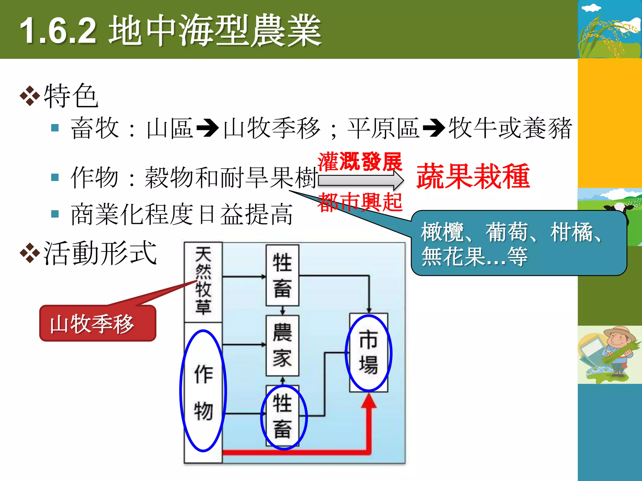 1.6.2 地中海型農業
特色
  畜牧：山區山牧季移；平原區牧牛或養豬
            灌溉發展
  作物：穀物和耐旱果樹     蔬果栽種
             都市興起
  商業化程度日益提高
                   橄欖、葡萄、柑橘、
活動形式              無花果…等


 山牧季移
 