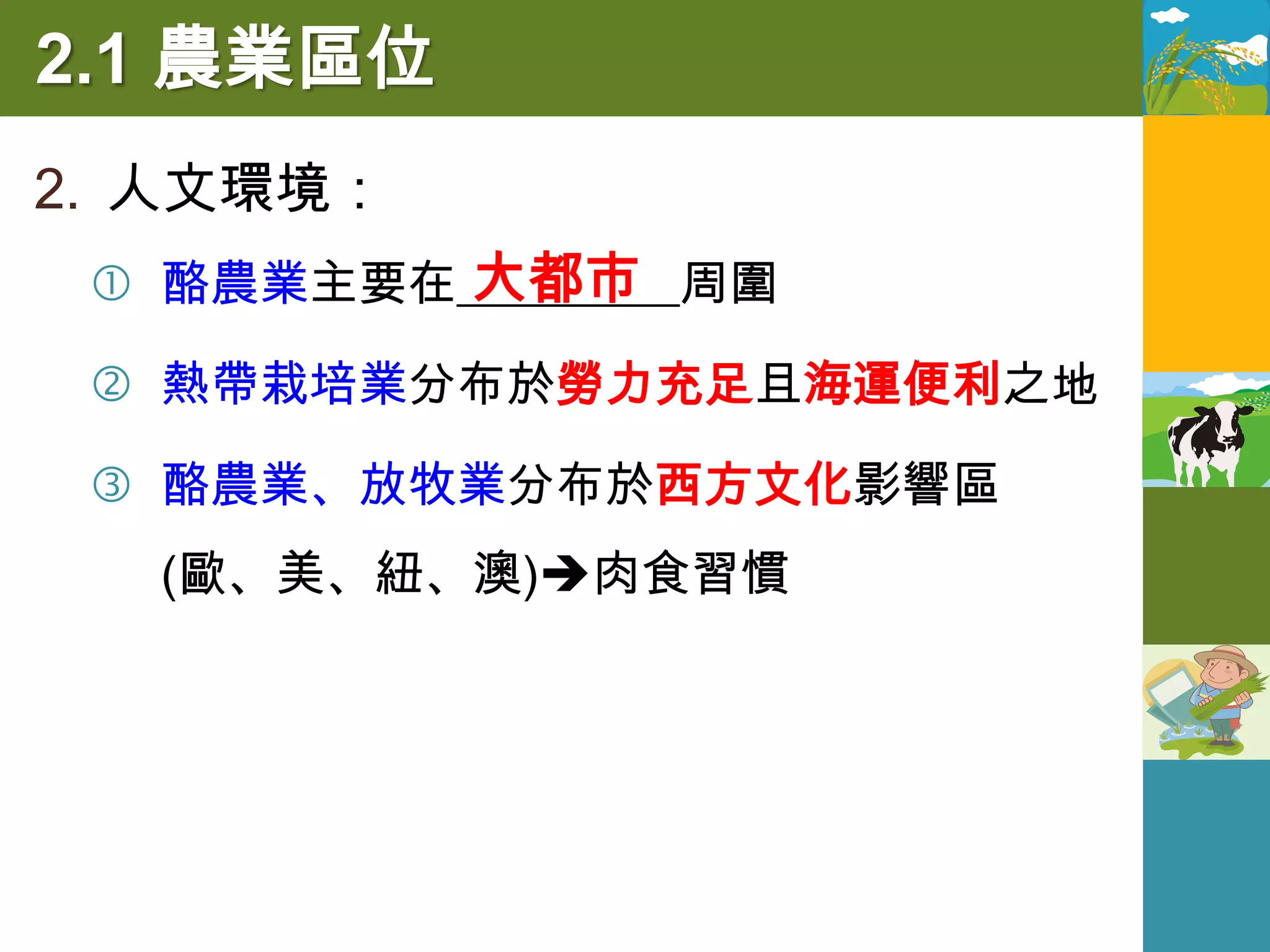 2.1 農業區位
2. 人文環境：
          大都市
  酪農業主要在_________周圍

  熱帶栽培業分布於勞力充足且海運便利之地

  酪農業、放牧業分布於西方文化影響區
  (歐、美、紐、澳)肉食習慣
 