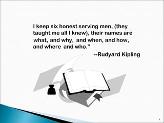 9
I keep six honest serving men, (they
taught me all I knew), their names are
--Rudyard Kipling
what, and why, and when, and how,
and where and who.”
 