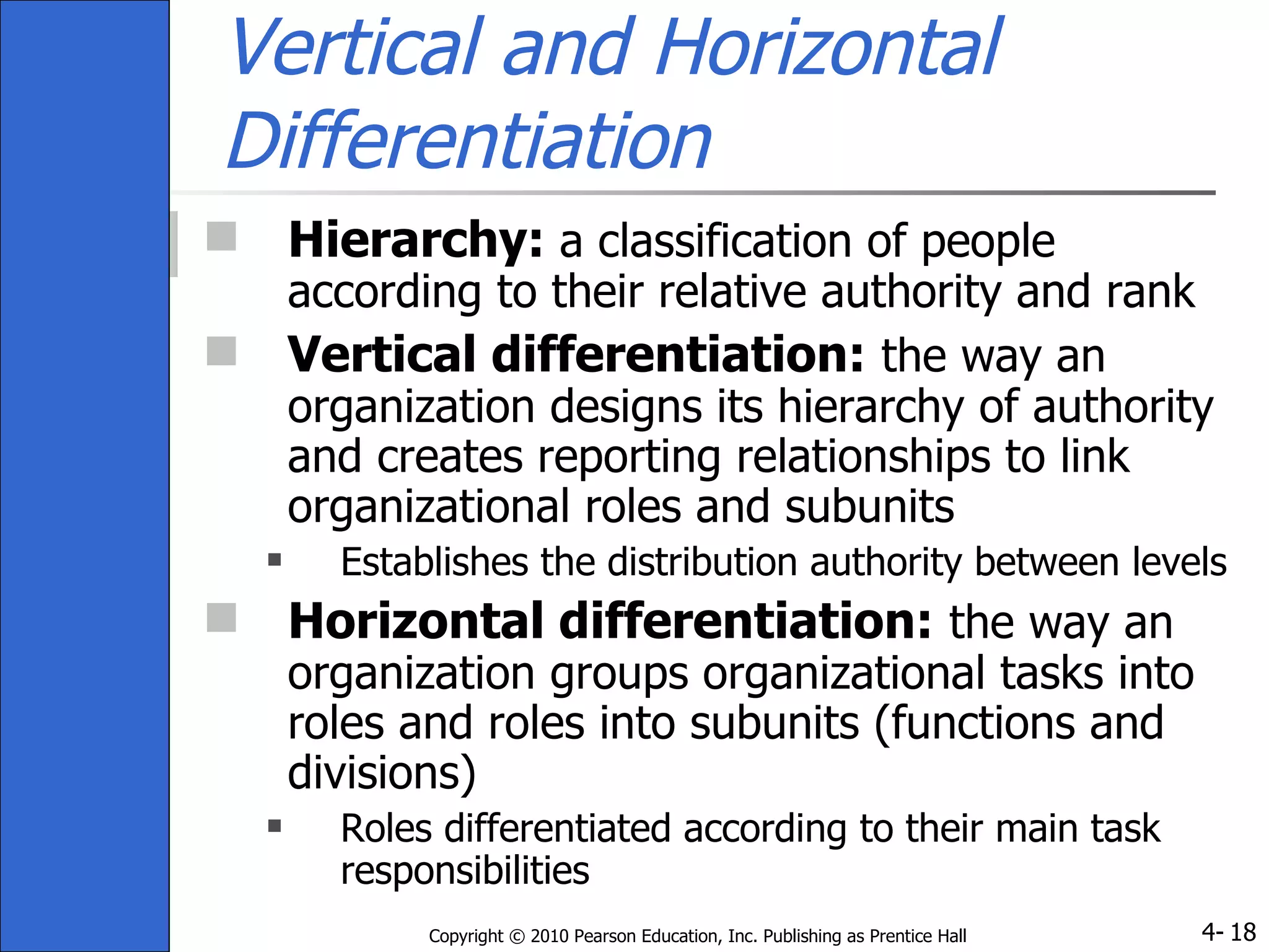 Vertical and Horizontal Differentiation Hierarchy:  a classification of people according to their relative authority and rank Vertical differentiation:   the way an organization designs its hierarchy of authority and creates reporting relationships to link organizational roles and subunits Establishes the distribution authority between levels Horizontal differentiation:   the way an organization groups organizational tasks into roles and roles into subunits (functions and divisions) Roles differentiated according to their main task responsibilities 