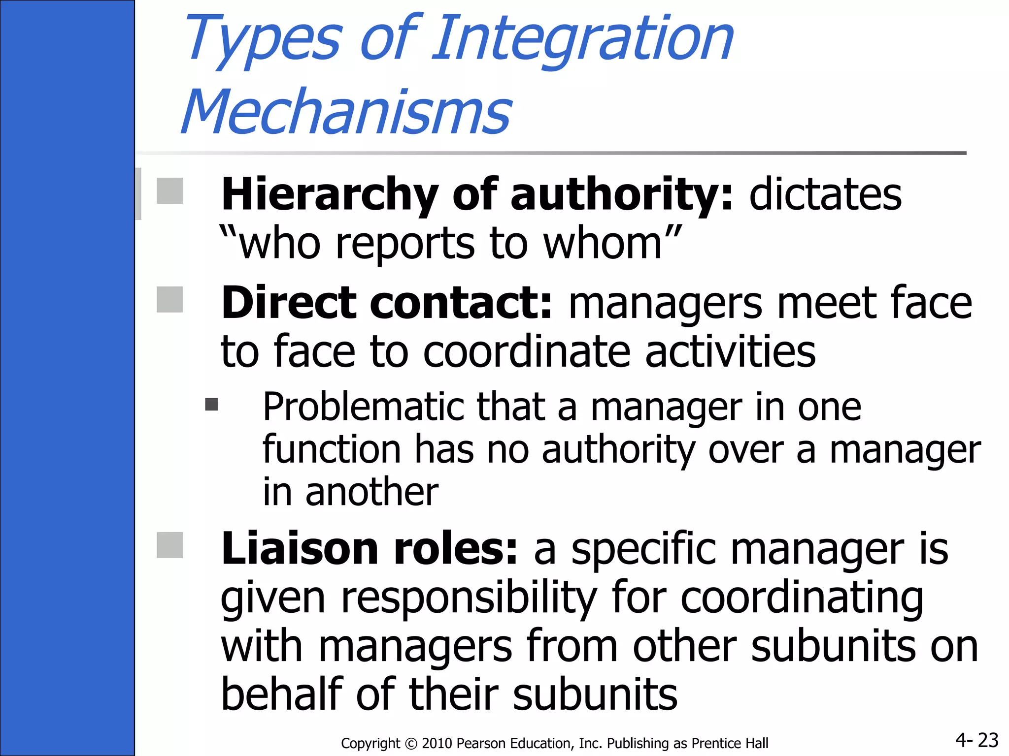 Types of Integration Mechanisms Hierarchy of authority:  dictates “who reports to whom” Direct contact:  managers meet face to face to coordinate activities Problematic that a manager in one function has no authority over a manager in another Liaison roles:  a specific manager is given responsibility for coordinating with managers from other subunits on behalf of their subunits 