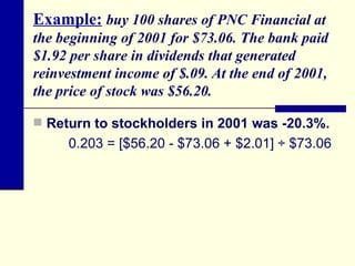 Example:   buy 100 shares of PNC Financial at the beginning of 2001 for $73.06. The bank paid $1.92 per share in dividends that generated reinvestment income of $.09. At the end of 2001, the price of stock was $56.20. Return to stockholders in 2001 was -20.3%. 0.203 = [$56.20 - $73.06 + $2.01]  ÷  $73.06 