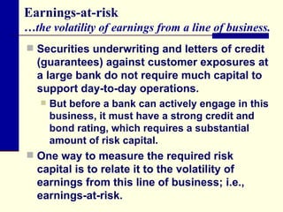 Earnings-at-risk …the volatility of earnings from a line of business. Securities underwriting and letters of credit (guarantees) against customer exposures at a large bank do not require much capital to support day-to-day operations.  But before a bank can actively engage in this business, it must have a strong credit and bond rating, which requires a substantial amount of risk capital.  One way to measure the required risk capital is to relate it to the volatility of earnings from this line of business; i.e., earnings-at-risk.  