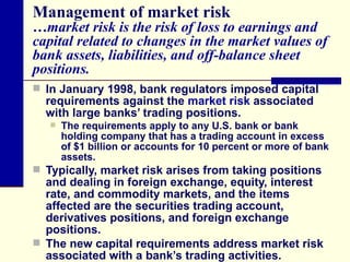 Management of market risk …market risk is the risk of loss to earnings and capital related to changes in the market values of bank assets, liabilities, and off-balance sheet positions. In January 1998, bank regulators imposed capital requirements against the  market risk  associated with large banks’ trading positions.  The requirements apply to any U.S. bank or bank holding company that has a trading account in excess of $1 billion or accounts for 10 percent or more of bank assets. Typically, market risk arises from taking positions and dealing in foreign exchange, equity, interest rate, and commodity markets, and the items affected are the securities trading account, derivatives positions, and foreign exchange positions.  The new capital requirements address market risk associated with a bank’s trading activities. 