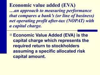 Economic value added (EVA) …an approach to measuring performance that compares a bank’s (or line of business) net operating profit after-tax (NOPAT) with a capital charge.  Economic Value Added (EVA) is the capital charge which represents the required return to stockholders assuming a specific allocated risk capital amount. 