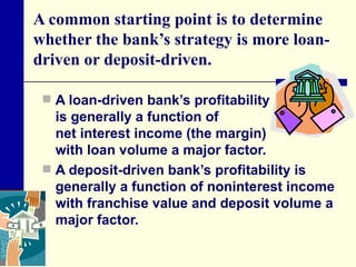 A common starting point is to determine whether the bank’s strategy is more loan-driven or deposit-driven. A loan-driven bank’s profitability  is generally a function of  net interest income (the margin)  with loan volume a major factor. A deposit-driven bank’s profitability is generally a function of noninterest income with franchise value and deposit volume a major factor. 