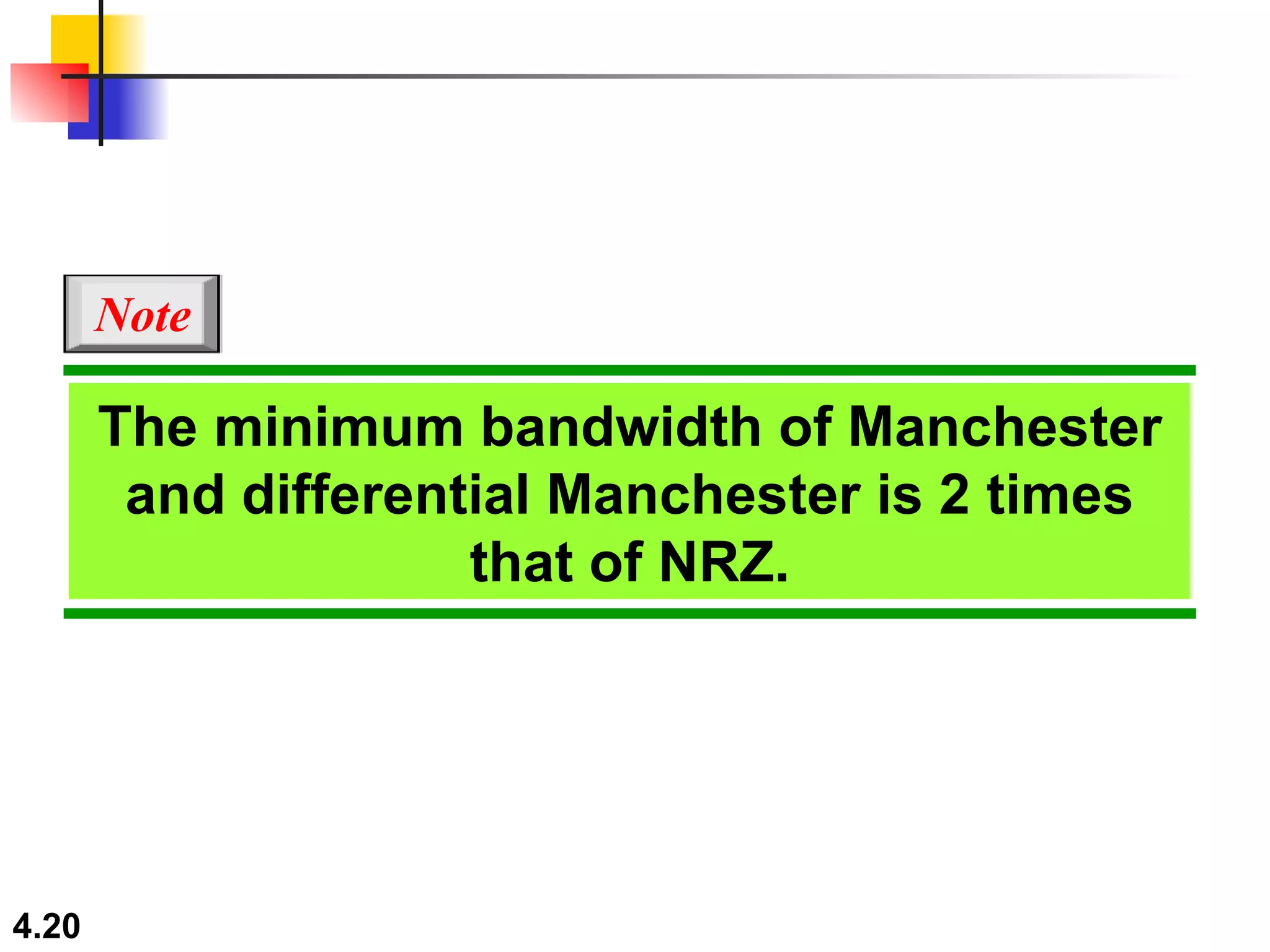 The minimum bandwidth of Manchester and differential Manchester is 2 times that of NRZ. Note 
