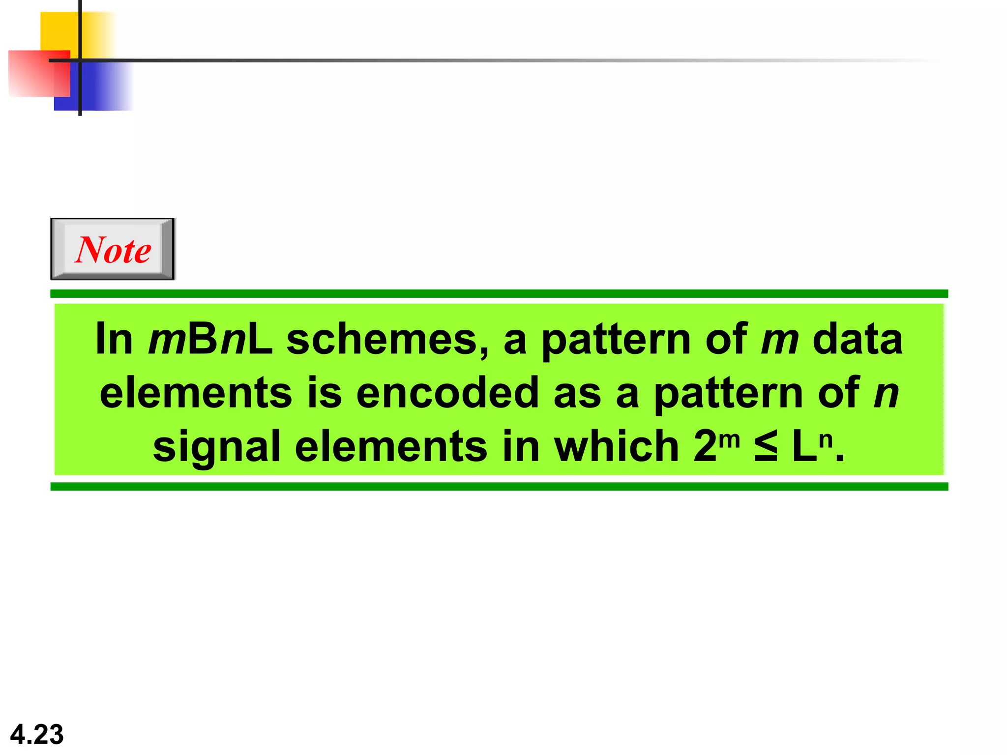 In  m B n L schemes, a pattern of  m  data elements is encoded as a pattern of  n  signal elements in which 2 m  ≤ L n . Note 