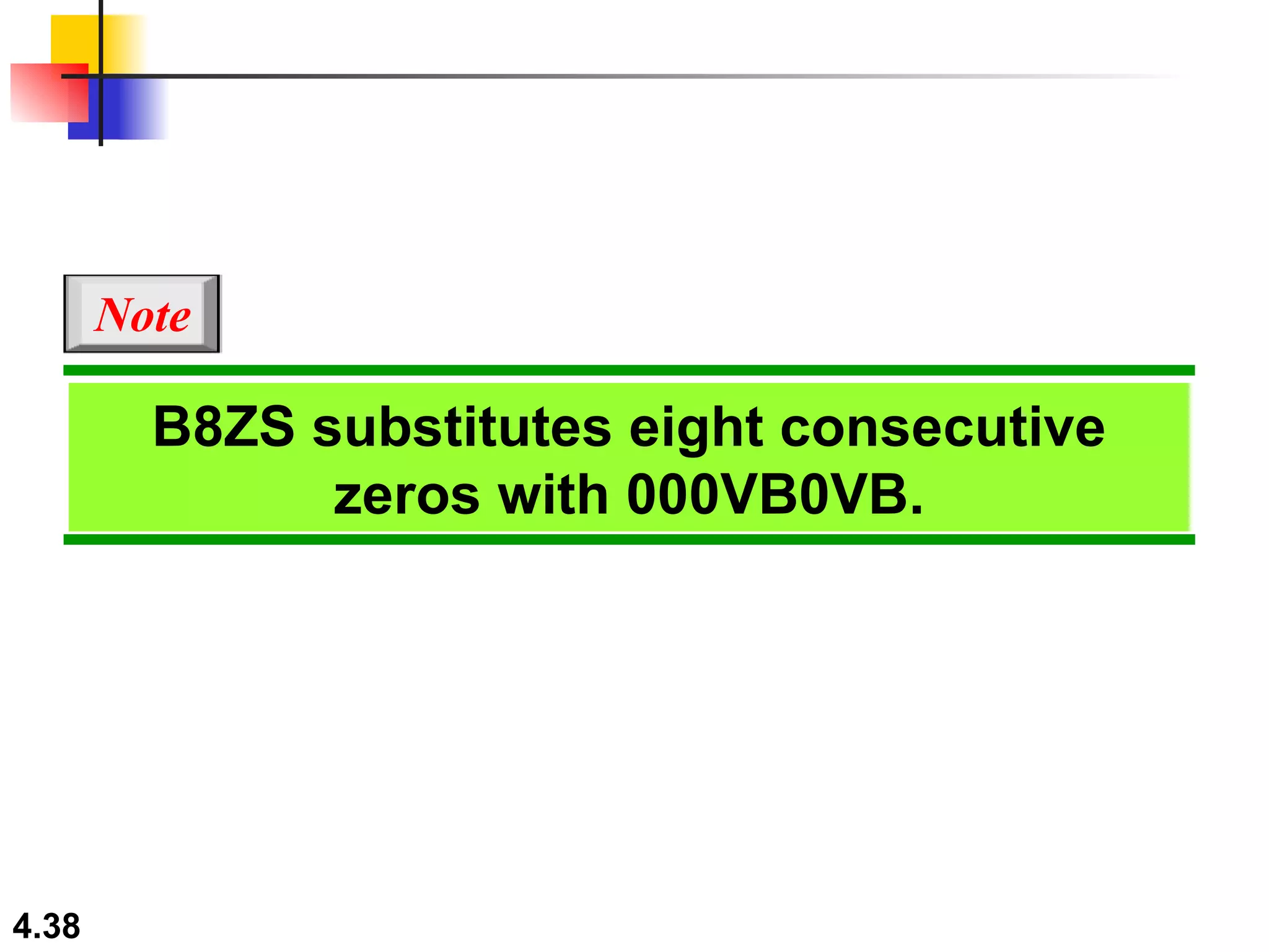 B8ZS substitutes eight consecutive zeros with 000VB0VB. Note 