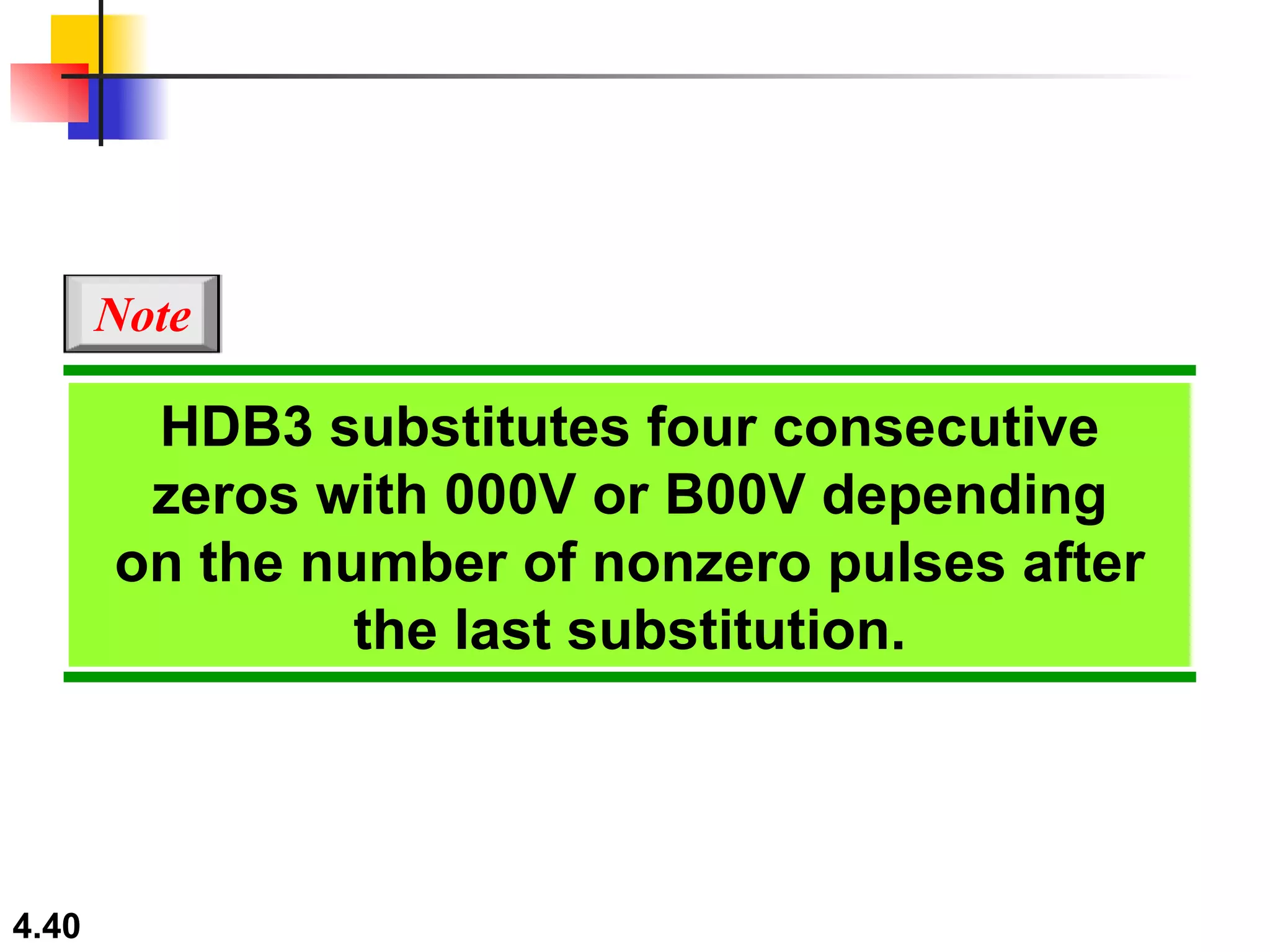 HDB3 substitutes four consecutive zeros with 000V or B00V depending on the number of nonzero pulses after the last substitution. Note 