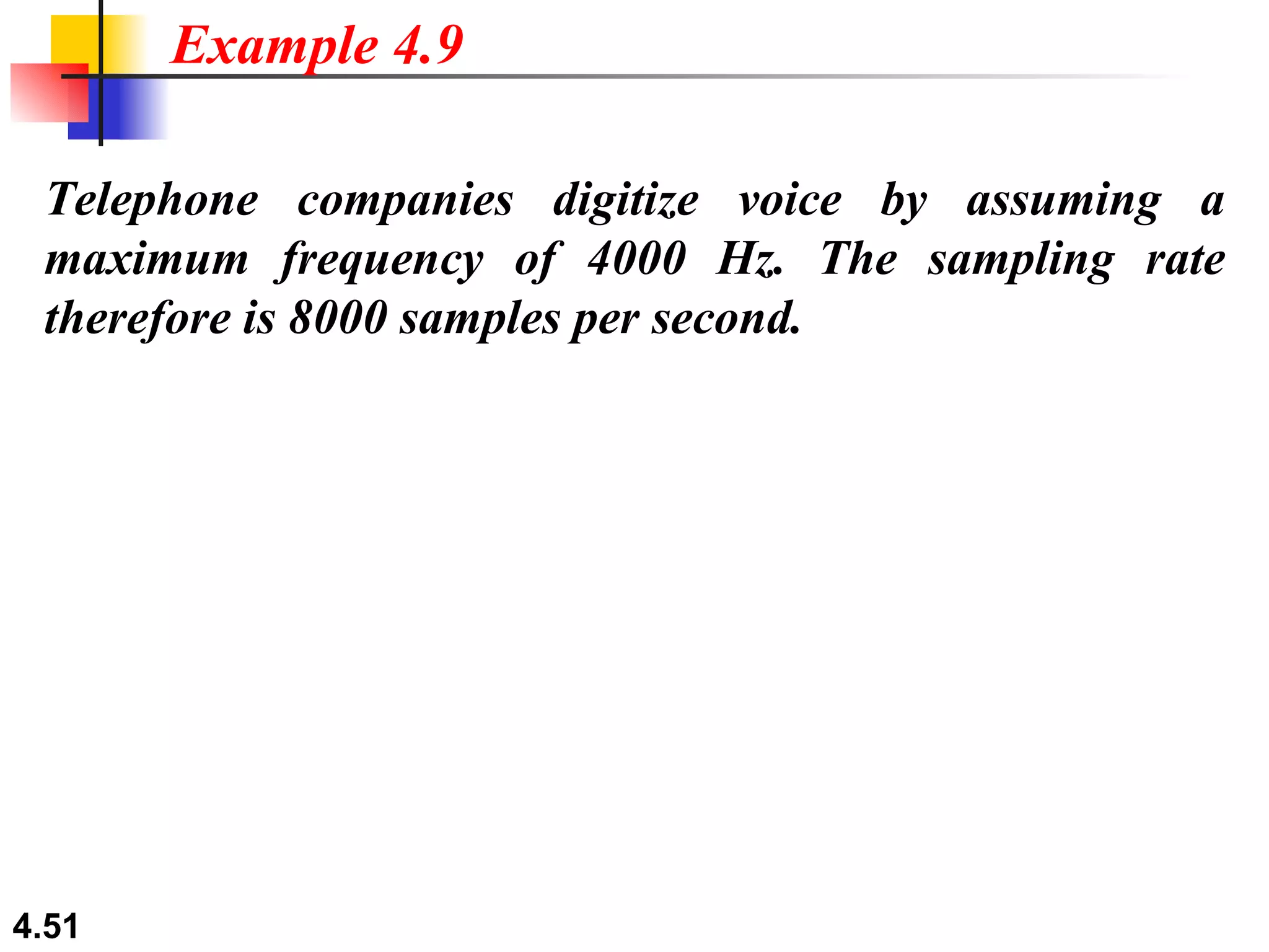 Telephone companies digitize voice by assuming a maximum frequency of 4000 Hz. The sampling rate therefore is 8000 samples per second. Example 4.9 