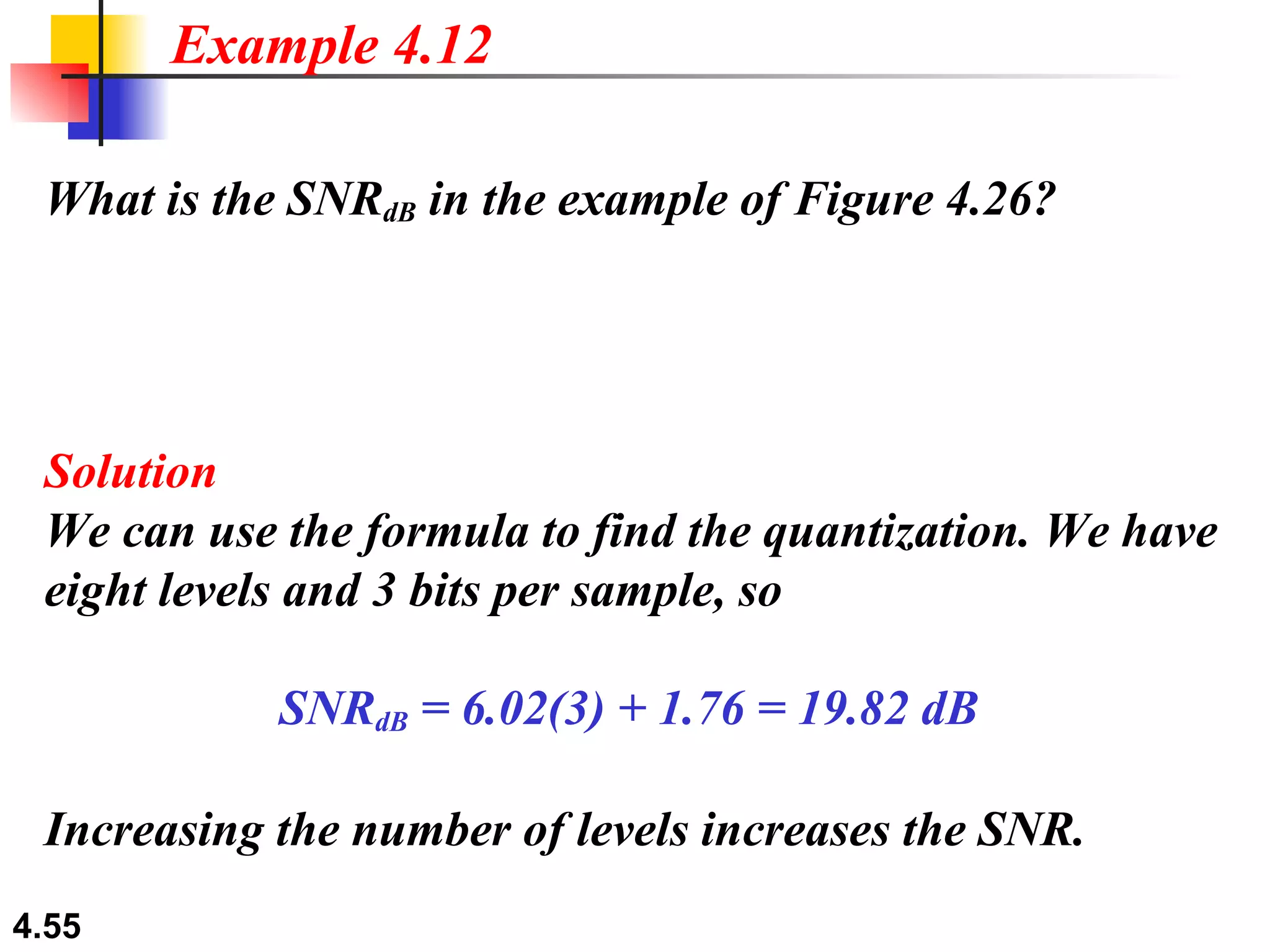 What is the SNR dB  in the example of Figure 4.26? Solution We can use the formula to find the quantization. We have eight levels and 3 bits per sample, so  SNR dB  = 6.02(3) + 1.76 = 19.82 dB   Increasing the number of levels increases the SNR. Example 4.12 