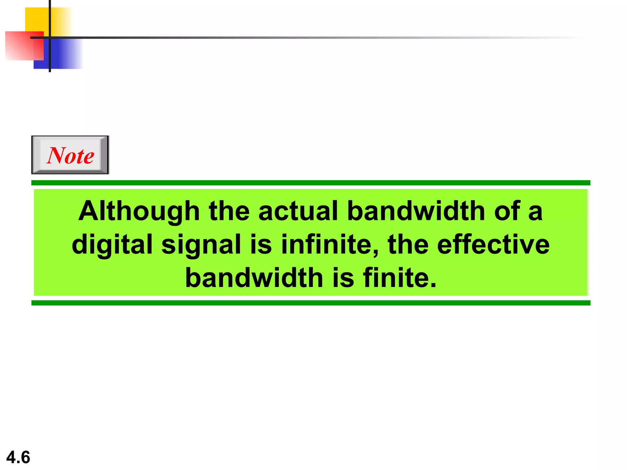 Although the actual bandwidth of a digital signal is infinite, the effective bandwidth is finite. Note 