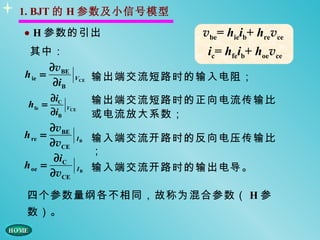 1. BJT 的 H 参数及小信号模型

• H 参数的引出                           vbe= hieib+ hrevce
 其中：                                 ic= hfeib+ hoevce
       ∂vBE
h ie =            VCE      输出端交流短路时的输入电阻；
        ∂iB
          ∂iC              输出端交流短路时的正向电流传输比
 h fe =         VCE
          ∂iB              或电流放大系数；
       ∂vBE
h re =                IB   输入端交流开路时的反向电压传输比
       ∂vCE
                           ；
        ∂iC
h oe =                IB   输入端交流开路时的输出电导。
       ∂vCE

 四个参数量纲各不相同，故称为混合参数（ H 参
 数）。
 