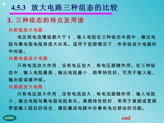 4.5.3 放大电路三种组态的比较
3. 三种组态的特点及用途
共射极放大电路：
 电压和电流增益都大于 1 ，输入电阻在三种组态中居中，输出电
阻与集电极电阻有很大关系。适用于低频情况下，作多级放大电路的
中间级。
共集电极放大电路：
 只有电流放大作用，没有电压放大，有电压跟随作用。在三种组
态中，输入电阻最高，输出电阻最小，频率特性好。可用于输入级、
输出级或缓冲级。
共基极放大电路：
 只有电压放大作用，没有电流放大，有电流跟随作用，输入电阻
小，输出电阻与集电极电阻有关。高频特性较好，常用于高频或宽频
带低输入阻抗的场合，模拟集成电路中亦兼有电位移动的功能。

                       end
 