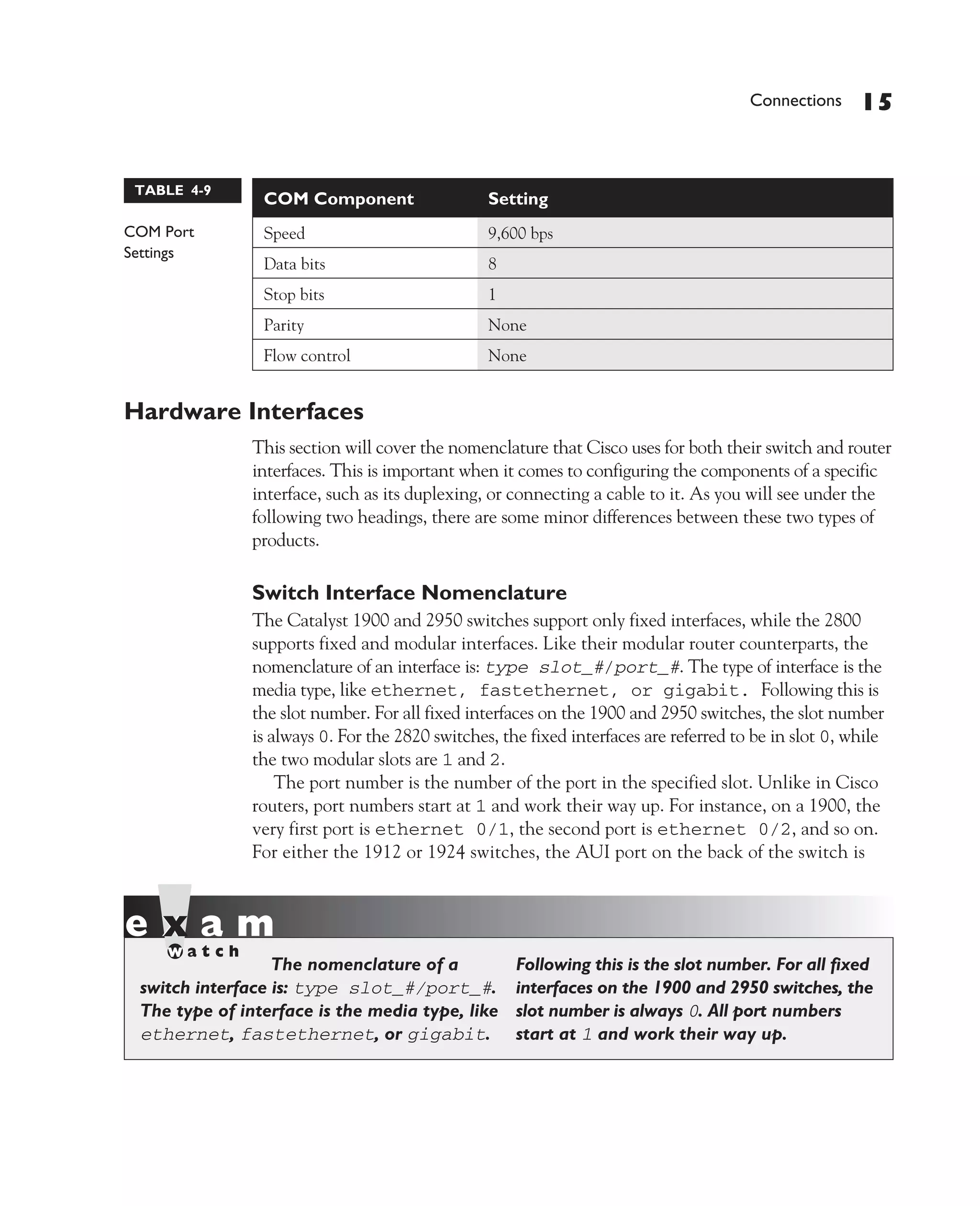 Color profile: Generic CMYK printer profile
Composite Default screen             CertPrs8     / CCNA Cisco Certified Network Associate Study Guide / Deal / 222934-9 / Chapter 4




                                                                                                            Connections    15


               TABLE 4-9
                                      COM Component                    Setting
             COM Port                 Speed                            9,600 bps
             Settings
                                      Data bits                        8
                                      Stop bits                        1
                                      Parity                           None
                                      Flow control                     None


             Hardware Interfaces
                                 This section will cover the nomenclature that Cisco uses for both their switch and router
                                 interfaces. This is important when it comes to configuring the components of a specific
                                 interface, such as its duplexing, or connecting a cable to it. As you will see under the
                                 following two headings, there are some minor differences between these two types of
                                 products.

                                 Switch Interface Nomenclature
                                 The Catalyst 1900 and 2950 switches support only fixed interfaces, while the 2800
                                 supports fixed and modular interfaces. Like their modular router counterparts, the
                                 nomenclature of an interface is: type slot_#/port_#. The type of interface is the
                                 media type, like ethernet, fastethernet, or gigabit. Following this is
                                 the slot number. For all fixed interfaces on the 1900 and 2950 switches, the slot number
                                 is always 0. For the 2820 switches, the fixed interfaces are referred to be in slot 0, while
                                 the two modular slots are 1 and 2.
                                     The port number is the number of the port in the specified slot. Unlike in Cisco
                                 routers, port numbers start at 1 and work their way up. For instance, on a 1900, the
                                 very first port is ethernet 0/1, the second port is ethernet 0/2, and so on.
                                 For either the 1912 or 1924 switches, the AUI port on the back of the switch is




                                 The nomenclature of a                     Following this is the slot number. For all fixed
                switch interface is: type slot_#/port_#.                   interfaces on the 1900 and 2950 switches, the
                The type of interface is the media type, like              slot number is always 0. All port numbers
                ethernet, fastethernet, or gigabit.                        start at 1 and work their way up.




D:omhCertPrs8934-9ch04.vp
Monday, August 04, 2003 10:13:51 AM
 