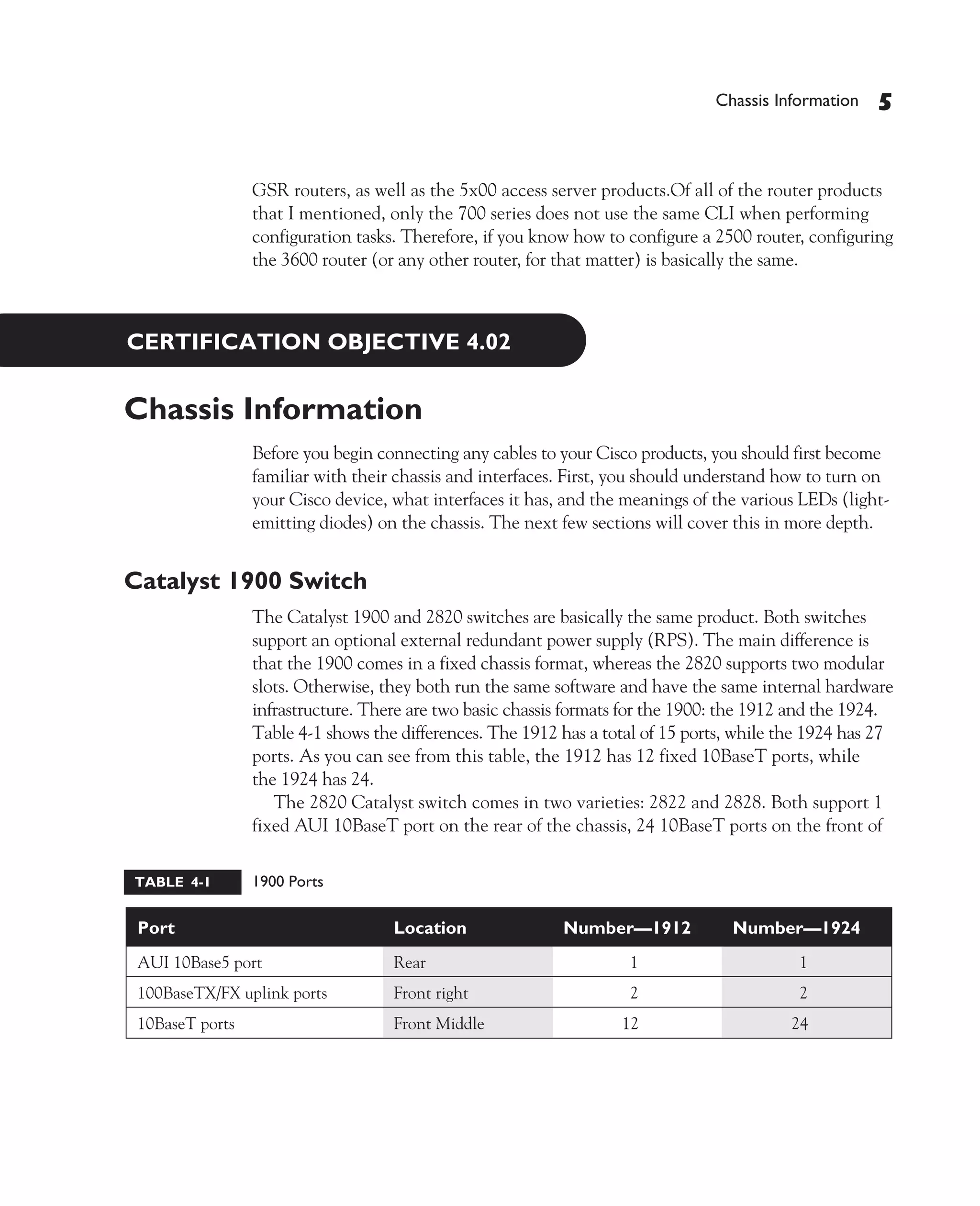 Color profile: Generic CMYK printer profile
Composite Default screen             CertPrs8   / CCNA Cisco Certified Network Associate Study Guide / Deal / 222934-9 / Chapter 4




                                                                                                     Chassis Information   5


                                 GSR routers, as well as the 5x00 access server products.Of all of the router products
                                 that I mentioned, only the 700 series does not use the same CLI when performing
                                 configuration tasks. Therefore, if you know how to configure a 2500 router, configuring
                                 the 3600 router (or any other router, for that matter) is basically the same.



              CERTIFICATION OBJECTIVE 4.02


             Chassis Information
                                 Before you begin connecting any cables to your Cisco products, you should first become
                                 familiar with their chassis and interfaces. First, you should understand how to turn on
                                 your Cisco device, what interfaces it has, and the meanings of the various LEDs (light-
                                 emitting diodes) on the chassis. The next few sections will cover this in more depth.


             Catalyst 1900 Switch
                                 The Catalyst 1900 and 2820 switches are basically the same product. Both switches
                                 support an optional external redundant power supply (RPS). The main difference is
                                 that the 1900 comes in a fixed chassis format, whereas the 2820 supports two modular
                                 slots. Otherwise, they both run the same software and have the same internal hardware
                                 infrastructure. There are two basic chassis formats for the 1900: the 1912 and the 1924.
                                 Table 4-1 shows the differences. The 1912 has a total of 15 ports, while the 1924 has 27
                                 ports. As you can see from this table, the 1912 has 12 fixed 10BaseT ports, while
                                 the 1924 has 24.
                                    The 2820 Catalyst switch comes in two varieties: 2822 and 2828. Both support 1
                                 fixed AUI 10BaseT port on the rear of the chassis, 24 10BaseT ports on the front of

               TABLE 4-1         1900 Ports

               Port                                     Location                Number—1912            Number—1924
               AUI 10Base5 port                         Rear                             1                       1
               100BaseTX/FX uplink ports                Front right                      2                       2
               10BaseT ports                            Front Middle                    12                      24




D:omhCertPrs8934-9ch04.vp
Monday, August 04, 2003 10:13:49 AM
 