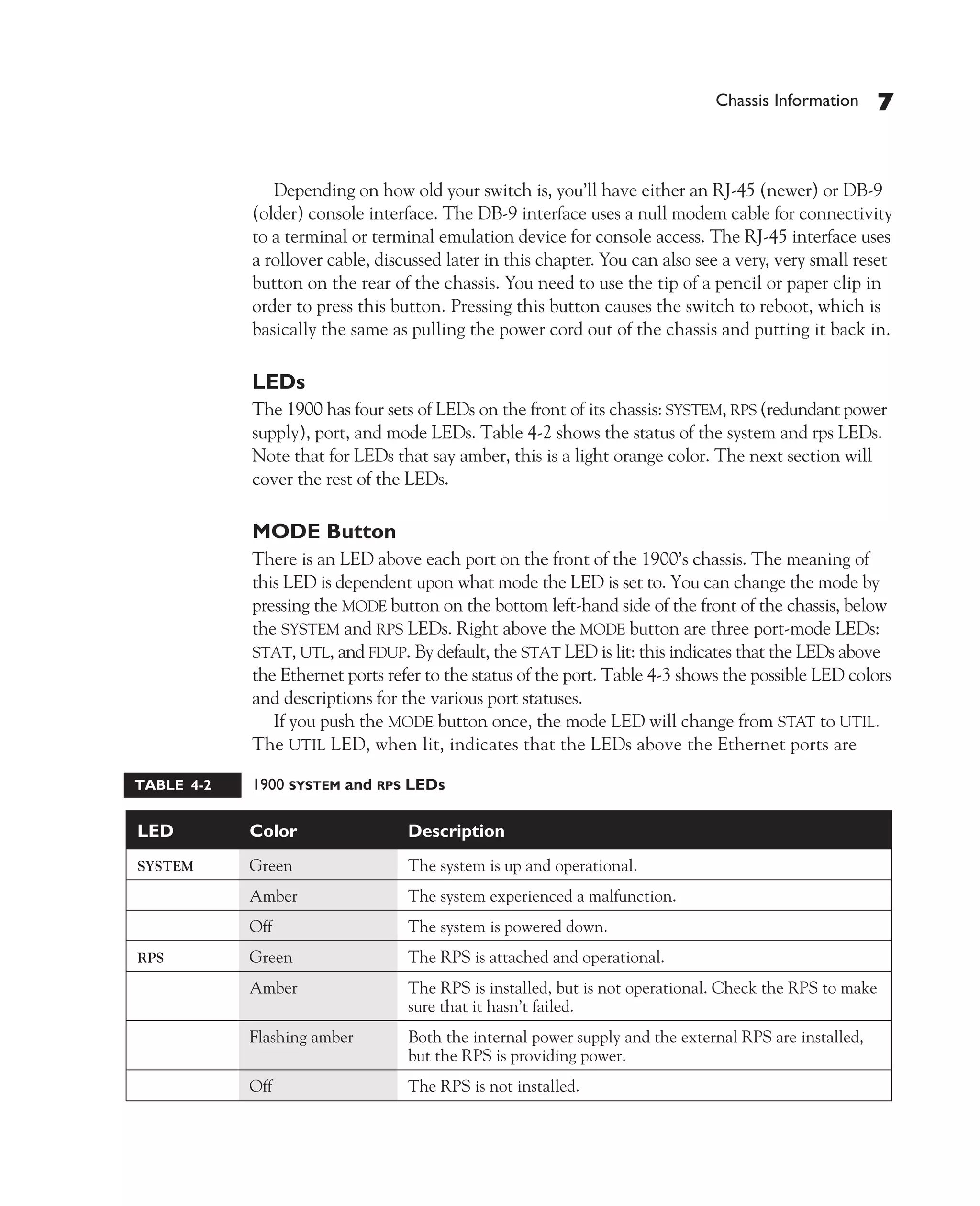 Color profile: Generic CMYK printer profile
Composite Default screen             CertPrs8   / CCNA Cisco Certified Network Associate Study Guide / Deal / 222934-9 / Chapter 4




                                                                                                      Chassis Information      7


                                    Depending on how old your switch is, you’ll have either an RJ-45 (newer) or DB-9
                                 (older) console interface. The DB-9 interface uses a null modem cable for connectivity
                                 to a terminal or terminal emulation device for console access. The RJ-45 interface uses
                                 a rollover cable, discussed later in this chapter. You can also see a very, very small reset
                                 button on the rear of the chassis. You need to use the tip of a pencil or paper clip in
                                 order to press this button. Pressing this button causes the switch to reboot, which is
                                 basically the same as pulling the power cord out of the chassis and putting it back in.

                                 LEDs
                                 The 1900 has four sets of LEDs on the front of its chassis: SYSTEM, RPS (redundant power
                                 supply), port, and mode LEDs. Table 4-2 shows the status of the system and rps LEDs.
                                 Note that for LEDs that say amber, this is a light orange color. The next section will
                                 cover the rest of the LEDs.

                                 MODE Button
                                 There is an LED above each port on the front of the 1900’s chassis. The meaning of
                                 this LED is dependent upon what mode the LED is set to. You can change the mode by
                                 pressing the MODE button on the bottom left-hand side of the front of the chassis, below
                                 the SYSTEM and RPS LEDs. Right above the MODE button are three port-mode LEDs:
                                 STAT, UTL, and FDUP. By default, the STAT LED is lit: this indicates that the LEDs above
                                 the Ethernet ports refer to the status of the port. Table 4-3 shows the possible LED colors
                                 and descriptions for the various port statuses.
                                    If you push the MODE button once, the mode LED will change from STAT to UTIL.
                                 The UTIL LED, when lit, indicates that the LEDs above the Ethernet ports are

               TABLE 4-2         1900 SYSTEM and RPS LEDs

               LED               Color                    Description
               SYSTEM            Green                    The system is up and operational.
                                 Amber                    The system experienced a malfunction.
                                 Off                      The system is powered down.
               RPS               Green                    The RPS is attached and operational.
                                 Amber                    The RPS is installed, but is not operational. Check the RPS to make
                                                          sure that it hasn’t failed.
                                 Flashing amber           Both the internal power supply and the external RPS are installed,
                                                          but the RPS is providing power.
                                 Off                      The RPS is not installed.




D:omhCertPrs8934-9ch04.vp
Monday, August 04, 2003 10:13:49 AM
 