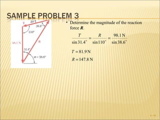 • Determine the magnitude of the reaction
  force R.
      T          R      98.1 N
            =         =
   sin 31.4 sin 110  sin 38.6 

  T = 81.9 N
   R = 147.8 N




                                            4 - 10
 