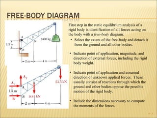 First step in the static equilibrium analysis of a
rigid body is identification of all forces acting on
the body with a free-body diagram.
  • Select the extent of the free-body and detach it
    from the ground and all other bodies.

• Indicate point of application, magnitude, and
  direction of external forces, including the rigid
  body weight.

• Indicate point of application and assumed
  direction of unknown applied forces. These
  usually consist of reactions through which the
  ground and other bodies oppose the possible
  motion of the rigid body.

• Include the dimensions necessary to compute
  the moments of the forces.
                                                       4-3
 
