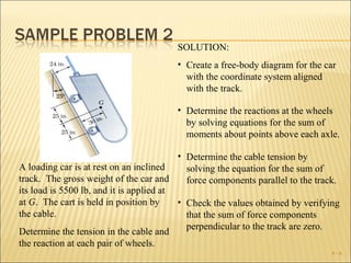 SOLUTION:
                                         • Create a free-body diagram for the car
                                           with the coordinate system aligned
                                           with the track.

                                         • Determine the reactions at the wheels
                                           by solving equations for the sum of
                                           moments about points above each axle.

                                          • Determine the cable tension by
A loading car is at rest on an inclined     solving the equation for the sum of
track. The gross weight of the car and      force components parallel to the track.
its load is 5500 lb, and it is applied at
at G. The cart is held in position by     • Check the values obtained by verifying
the cable.                                  that the sum of force components
                                            perpendicular to the track are zero.
Determine the tension in the cable and
the reaction at each pair of wheels.
                                                                                4-6
 