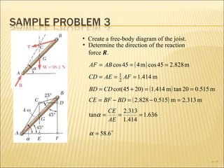 • Create a free-body diagram of the joist.
• Determine the direction of the reaction
  force R.
  AF = AB cos 45 = ( 4 m ) cos 45 = 2.828 m
  CD = AE = 1 AF = 1.414 m
            2
  BD = CD cot(45 + 20) = (1.414 m ) tan 20 = 0.515 m
  CE = BF − BD = ( 2.828 − 0.515) m = 2.313 m
           CE 2.313
  tanα =     =      = 1.636
           AE 1.414

  α = 58.6 



                                                  4-9
 
