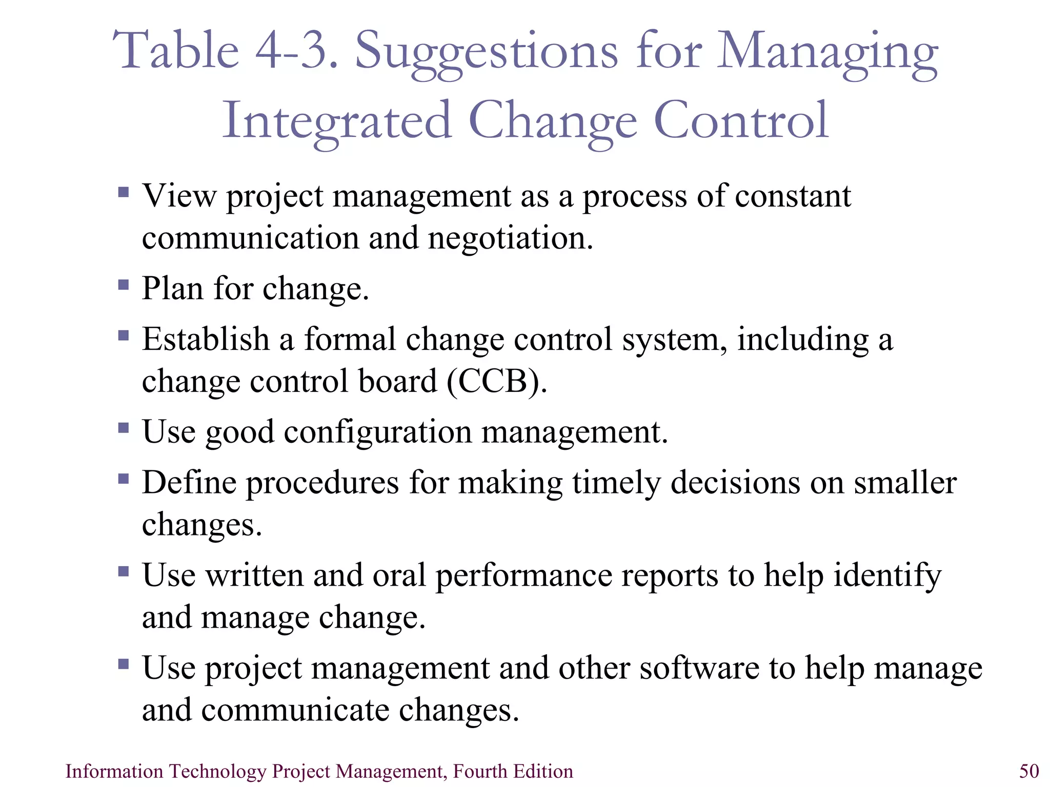 Table 4-3. Suggestions for Managing Integrated Change Control View project management as a process of constant communication and negotiation. Plan for change. Establish a formal change control system, including a change control board (CCB). Use good configuration management. Define procedures for making timely decisions on smaller changes. Use written and oral performance reports to help identify and manage change. Use project management and other software to help manage and communicate changes. 