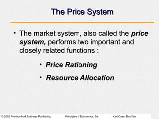 The Price System

         • The market system, also called the price
           system, performs two important and
           closely related functions :

                              • Price Rationing
                              • Resource Allocation




© 2002 Prentice Hall Business Publishing      Principles of Economics, 6/e   Karl Case, Ray Fair
 