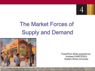 The Market Forces of
                              Supply and Demand


                                                                                              PowerPoint Slides prepared by:
                                                                                                 Andreea CHIRITESCU
                                                                                                Eastern Illinois University



© 2011 Cengage Learning. All Rights Reserved. May not be copied, scanned, or duplicated, in whole or in part, except for use as        1
permitted in a license distributed with a certain product or service or otherwise on a password-protected website for classroom use.
 